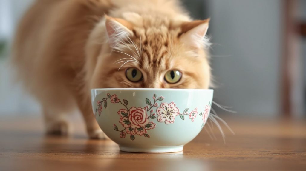 Orange cat with face in floral ceramic bowl
