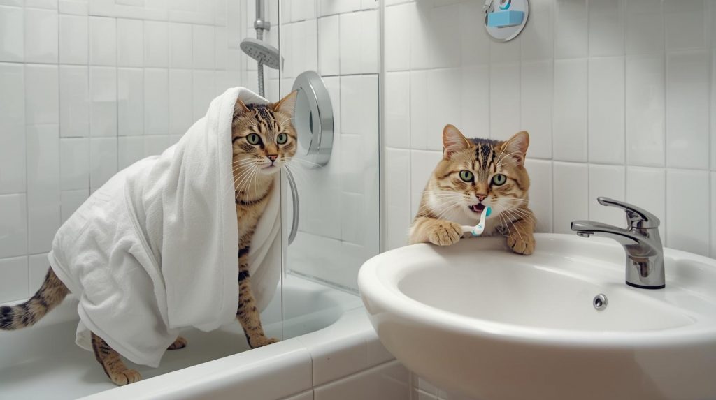 Two cats in bathroom, one in shower wearing a towel, the other brushing teeth