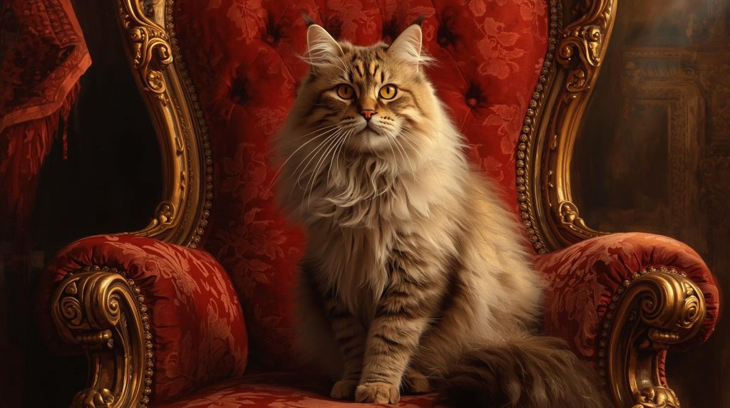 Brown cat sitting on throne