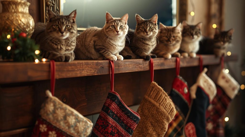 Cat on mantel by christmas stockings